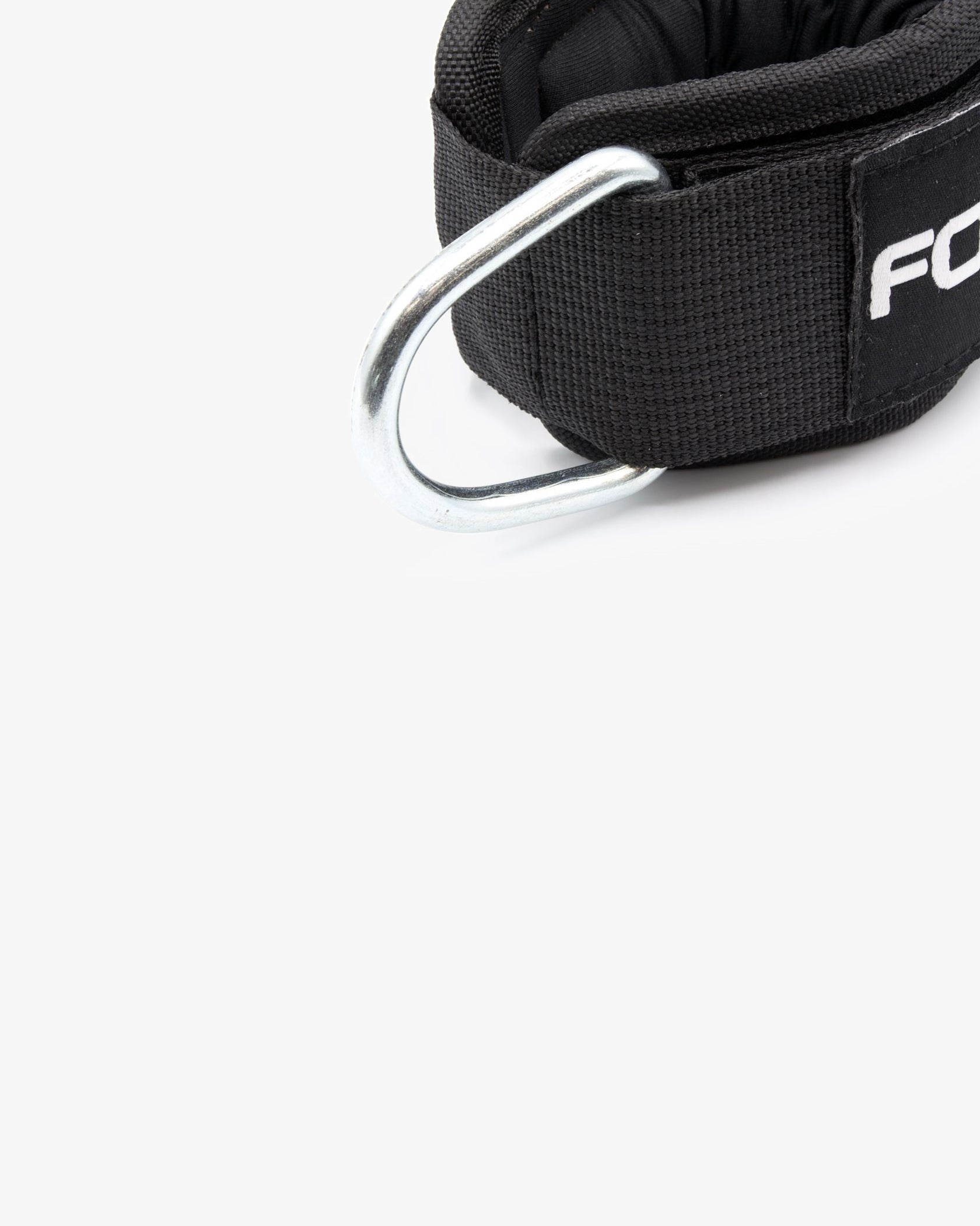 Detailed view of the reinforced steel D-ring connector on the Fortex ankle strap.