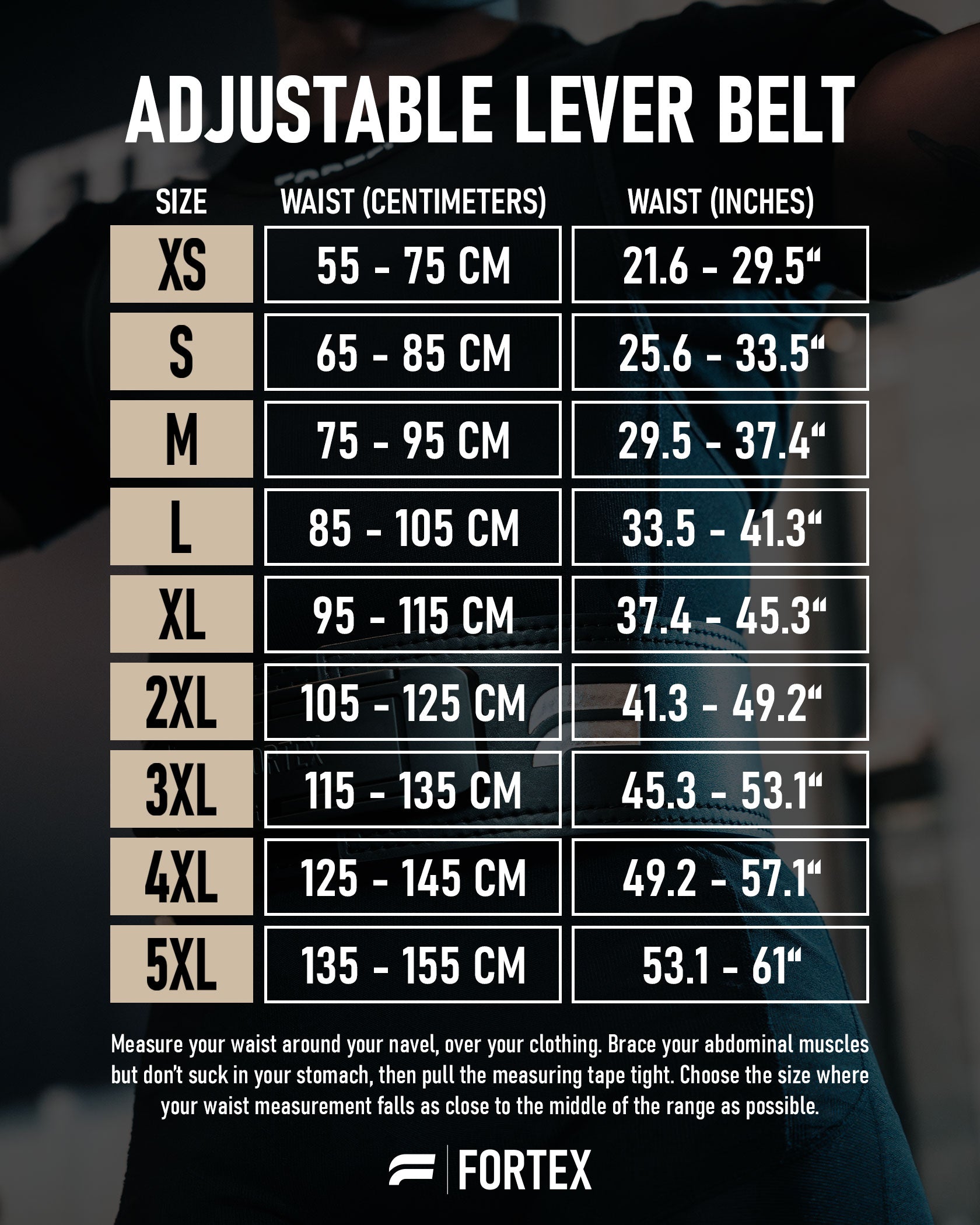 Size guide for the Fortex Adjustable Lever Belt. Available in 10 mm and 13 mm. IPF Approved.