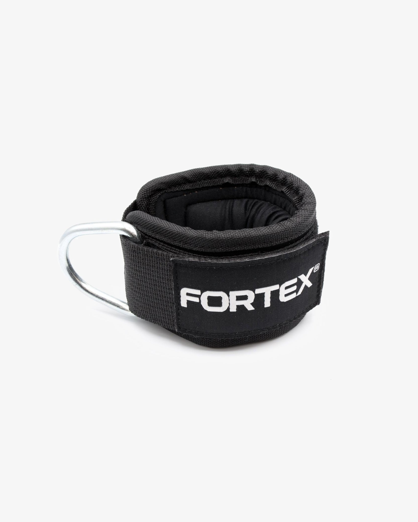 Fortex padded ankle strap with steel D-ring attachment for cable machines.